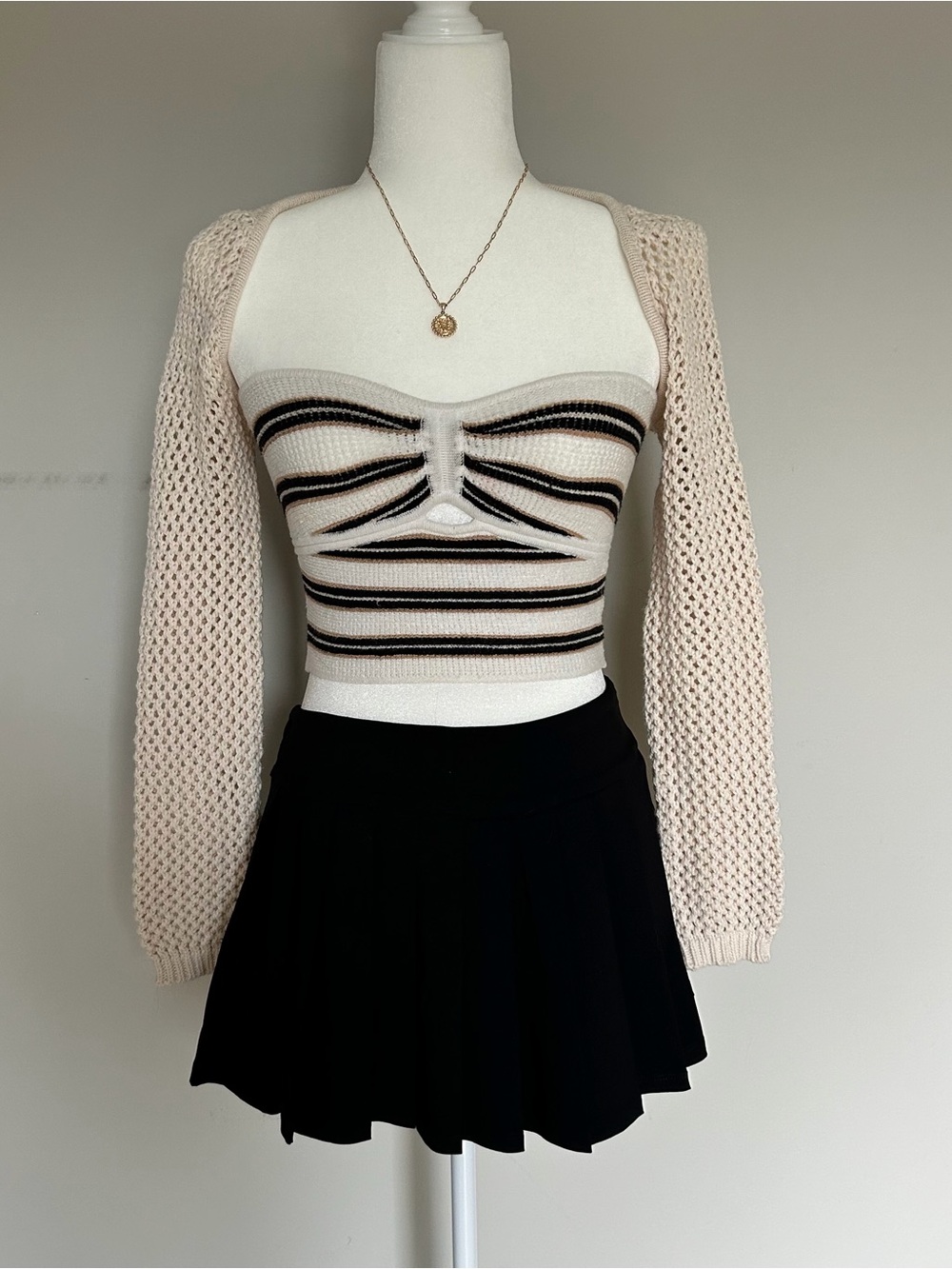 Cotton On Cream Cropped Knit Shrug with Black & Brown Striped Bustier